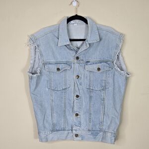 Vintage 80's Mens Small Guess Denim Vest Light Wash Jean Distressed Pockets